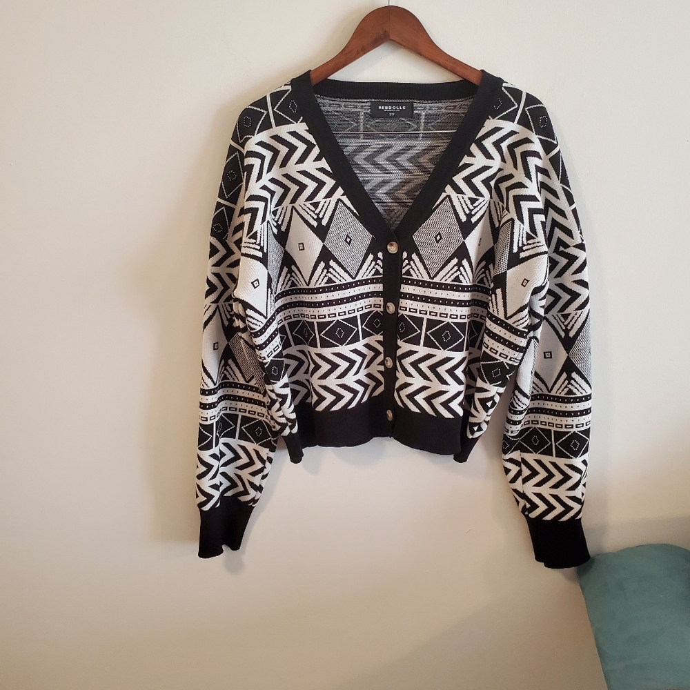 Rebdolls graphic boxy button front cardigan size 2x black white geometric